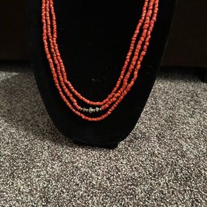 Vintage Native American Coral & Sterling Silver 3 Strand long Necklacre